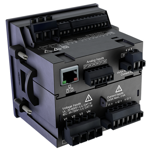 Elektronisches Bauteil mit mehreren Anschlussklemmen und Beschriftungen zur Spannungs- und Strommessung. Geeignet für industrielle Anwendungen.